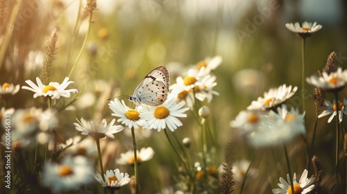  a butterfly sitting on a flower in a field of daisies.  generative ai