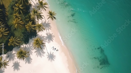  an aerial view of a beach with palm trees and a white sand beach.  generative ai © Shanti
