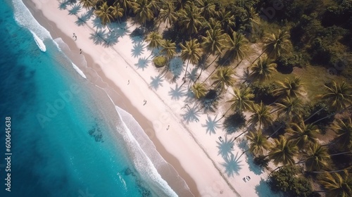  an aerial view of a beach with palm trees and the ocean. generative ai