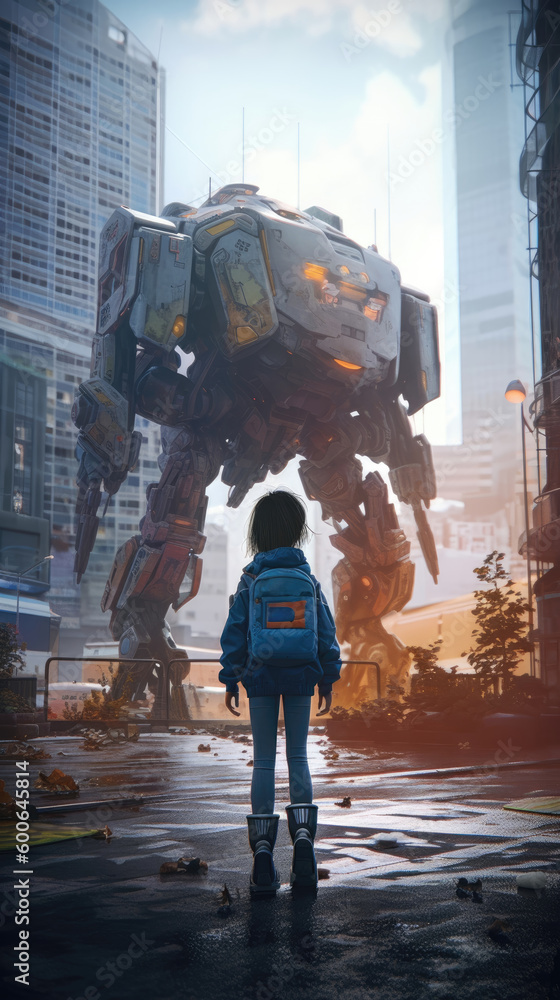 Little kid standing in street in front of giant robot. Generative AI.