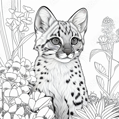 South American margay illustrated with black lines on white background for coloring. Generative AI. photo