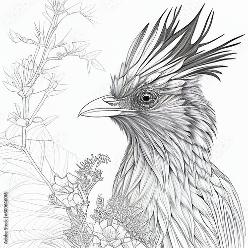 South American hoatzin illustrated with black lines on white background for coloring. Generative AI. photo