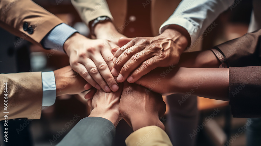 Stack of hands showing unity and teamwork concept, Business team standing hands together, Generative ai