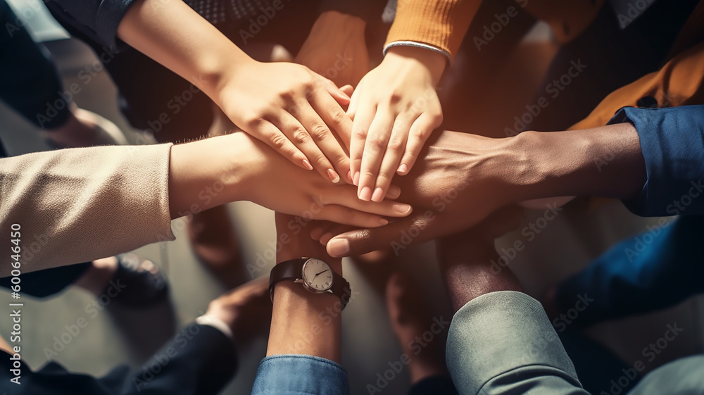 Stack of hands showing unity and teamwork concept, Business team standing hands together, Generative ai Stack of hands showing unity and teamwork concept, Business team standing hands together, Generative ai