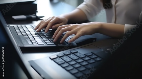  a woman typing on a laptop computer with a mouse and keyboard. generative ai