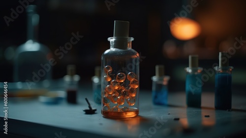  a glass bottle filled with lots of liquid sitting on top of a table. generative ai
