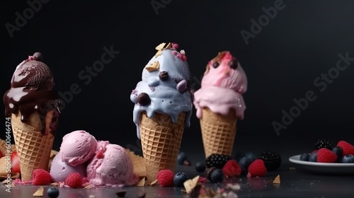 a group of ice cream cones with berries and chocolate chips. generative ai