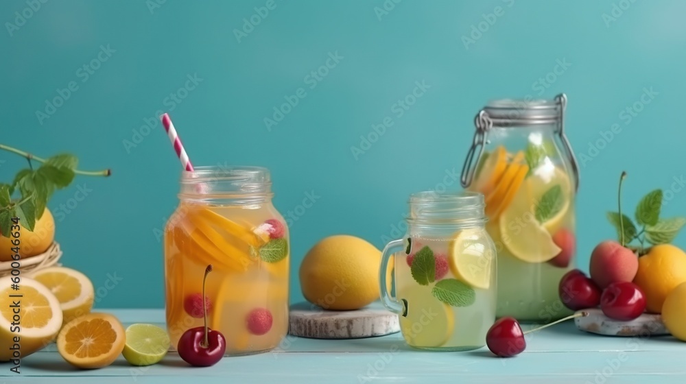 a table topped with mason jars filled with lemons and cherries. generative ai a table topped with mason jars filled with lemons and cherries. generative ai
