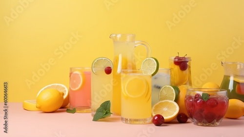  a table topped with glasses and pitchers filled with liquid and fruit. generative ai