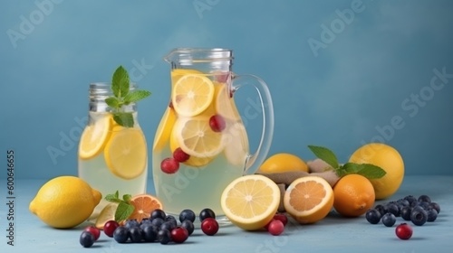  a pitcher of lemonade surrounded by lemons and berries.  generative ai