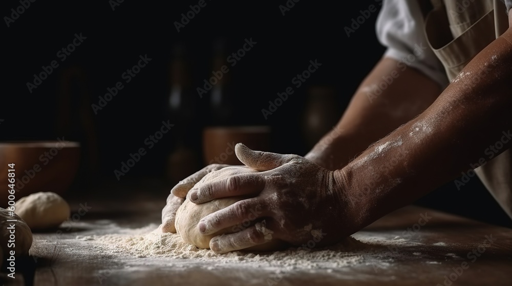  a person kneading dough on top of a wooden table.  generative ai