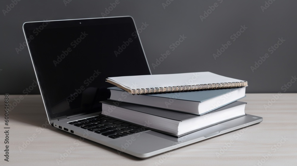 a stack of books sitting on top of a laptop computer. generative ai a stack of books sitting on top of a laptop computer. generative ai