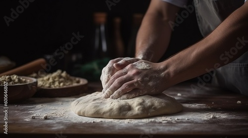  a person kneading dough on top of a wooden table.  generative ai