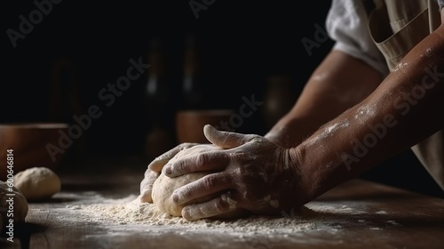  a person kneading dough on top of a wooden table.  generative ai © Shanti