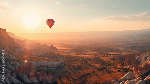  a hot air balloon flying over a rocky landscape at sunset. generative ai