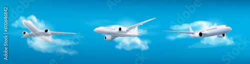 3d plane flight takeoff in sky vector concept set. Jet fly in air scene illustration for commercial tourism design collection. International flying charter transport with blank wing mockup side view