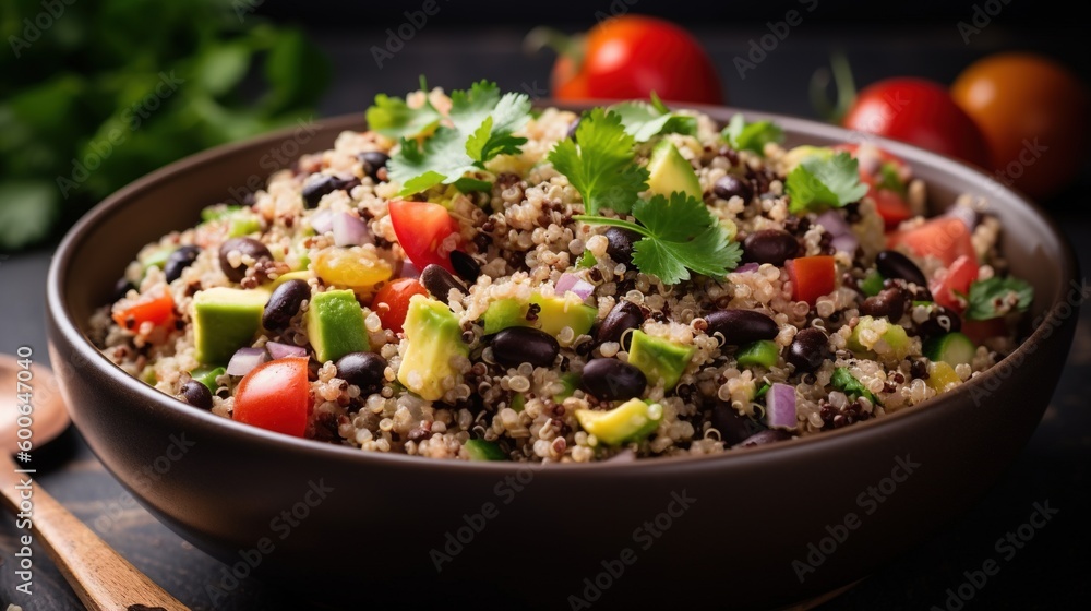 a bowl filled with rice, black beans, avocado and tomatoes. generative ai a bowl filled with rice, black beans, avocado and tomatoes. generative ai