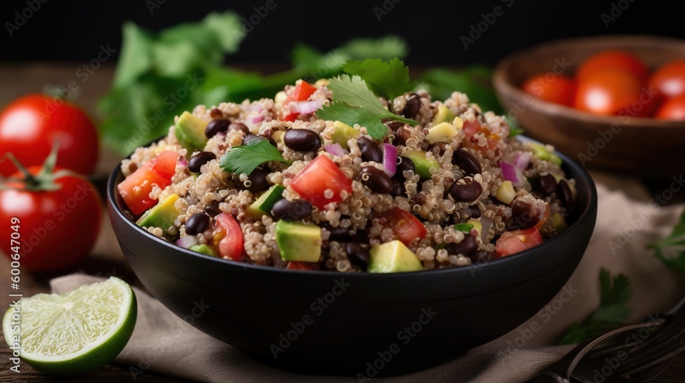 a black bowl filled with a salad next to tomatoes and avocado. generative ai a black bowl filled with a salad next to tomatoes and avocado. generative ai