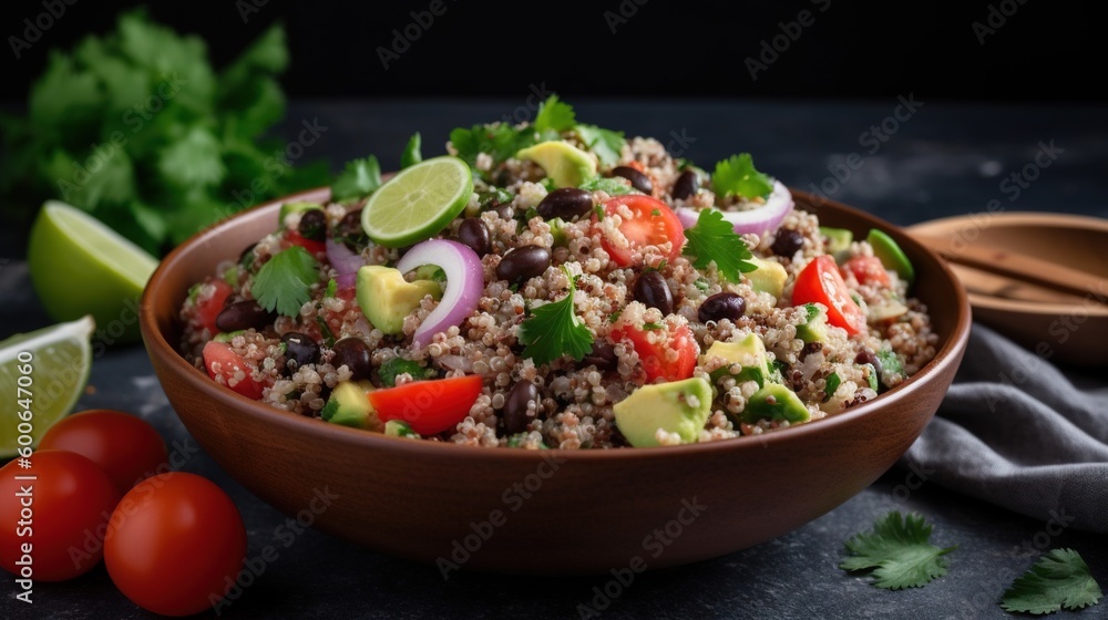 a bowl filled with rice and vegetables next to a spoon. generative ai a bowl filled with rice and vegetables next to a spoon. generative ai