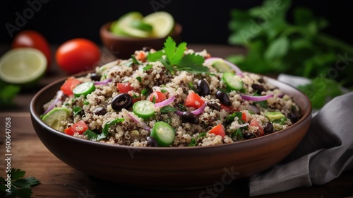  a bowl filled with rice, cucumbers, black beans, and cilantro. generative ai