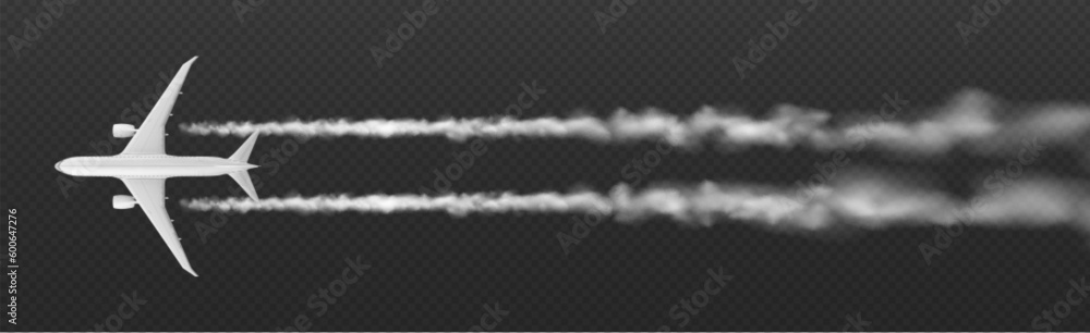 White plane condensation trail with smoke cloud vector isolated on transparent background. Airplane flight speed line vapour effect. 3d aviation tail track path performance. Straight stream top view - obrazy, fototapety, plakaty 