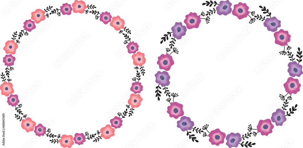 Set of two vector hand drawn wreathes. Round floral frame of flowers and branches.	