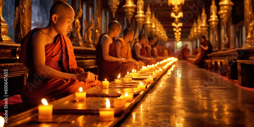 Buddhism temple interior. Monks sitting in a row, candle lights, Generative AI