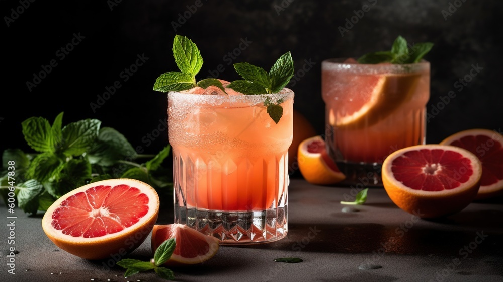 a couple of glasses filled with a drink next to grapefruits. generative ai a couple of glasses filled with a drink next to grapefruits. generative ai