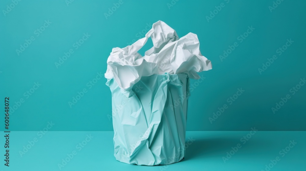 a crumpled paper bag on a blue background with a green background. generative ai a crumpled paper bag on a blue background with a green background. generative ai