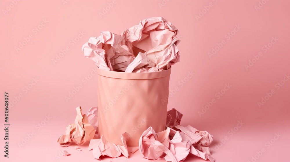 a pink trash can filled with crumpled pink paper on a pink background. generative ai a pink trash can filled with crumpled pink paper on a pink background. generative ai