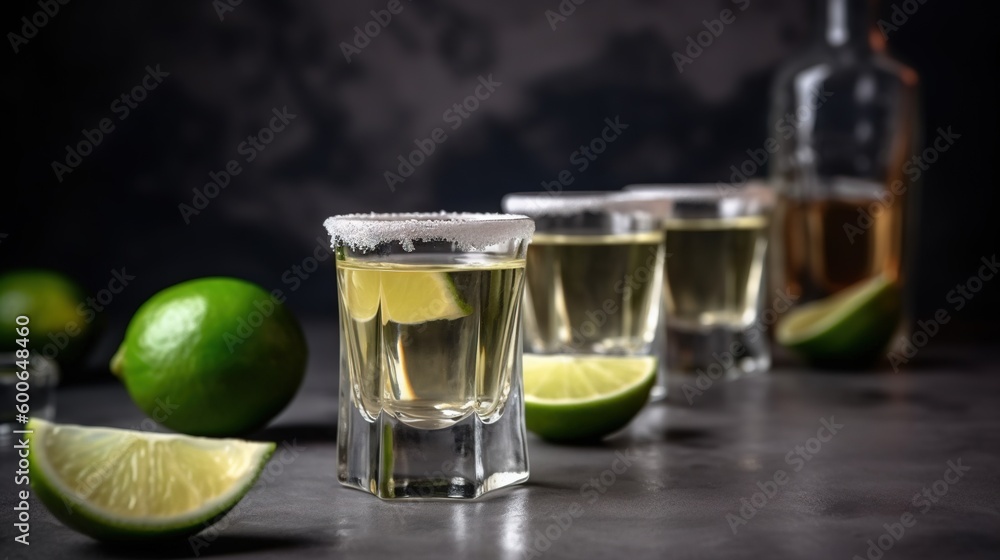 three shot glasses with limes and a bottle of alcohol. generative ai three shot glasses with limes and a bottle of alcohol. generative ai
