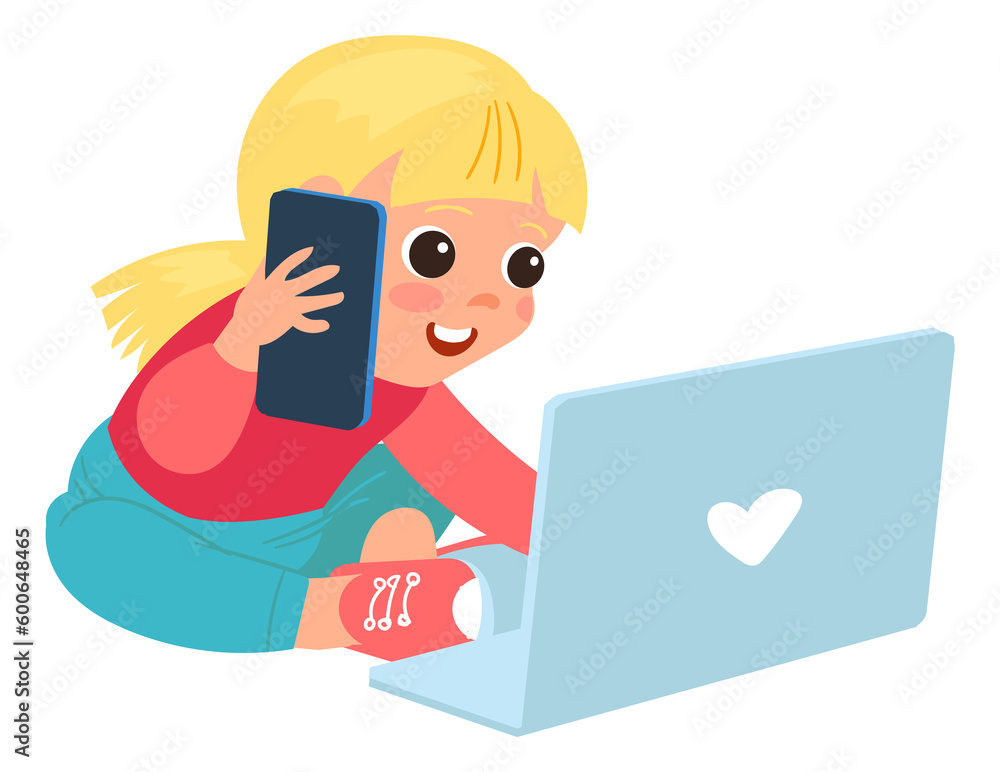 Little girl with phone and laptop. Child using gadgets Little girl with phone and laptop. Child using gadgets