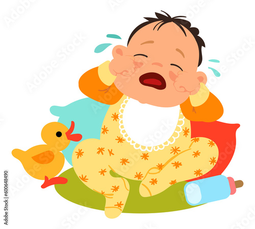 Crying baby character. Sitting toddler weeping out