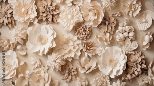  a large group of paper flowers on a wall in a room. generative ai