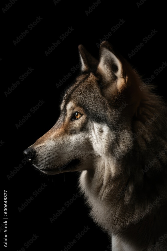 Wolf portrait, close up isolated on black background. Strength concept. Generative ai