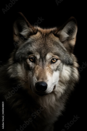 Wolf portrait, close up isolated on black background. Strength concept. Generative ai