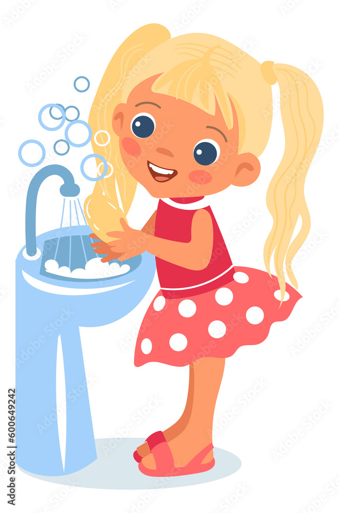 Smiling girl washing hands in water basin. Cartoon kid Smiling girl washing hands in water basin. Cartoon kid