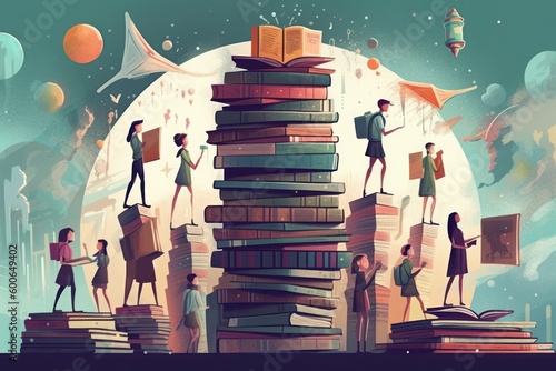 A group of students in the library engaged reading and studying. Generative Ai.