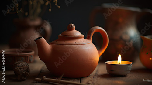 hanmade teapot and cups with candle light