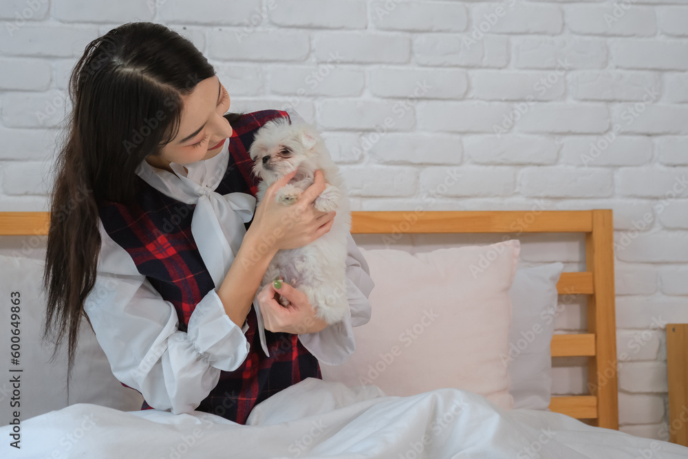 Beautiful asian woman holding the cute white dog with a gentle touch and a look of care on her face. Beautiful asian woman holding the cute white dog with a gentle touch and a look of care on her face.
