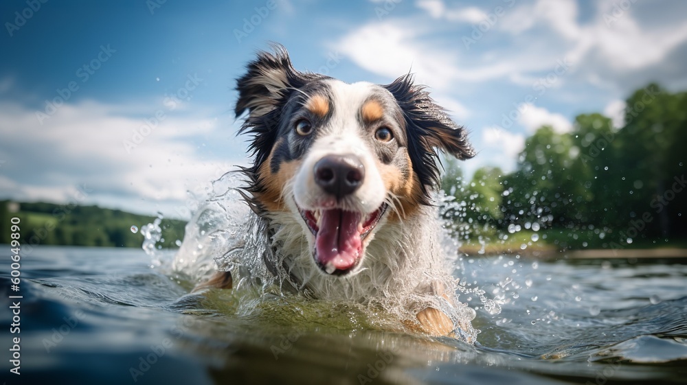 Australian Shepherd playing by the lake Australian Shepherd playing by the lake