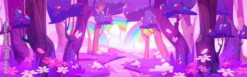Pink magic forest with rainbow cartoon vector landscape. Fairytale purple nature scene with flower on meadow Fairy panorama for fantasy adventure environment game. Vibrant fairy picture of garden