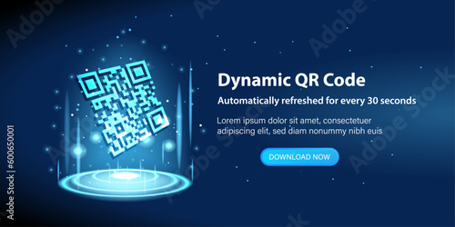 QR code futuristic banner. QR code verification banner. Verification concept for online shopping, shopping special offer promotion and marketing. Web banner template. Hologram illustration. Vector.