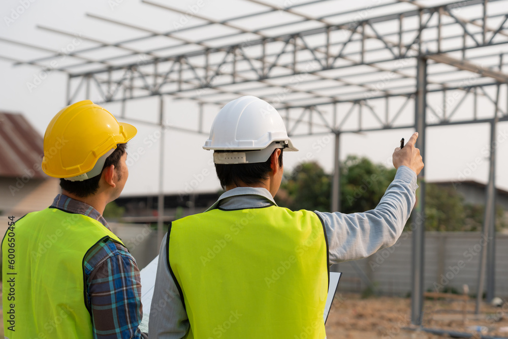 Engineers use blueprint check construction on site. Contractor and inspector inspection construction during project.civil Forman check quality assurance. Audit, inspect, quality control..