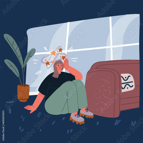 Cartoon vector illustration of Iron deficiency anemia. Sad woman with dizziness sitting on floor. Unhappy girl suffers from vertigo and headache and needs medical help. Low hemoglobin.