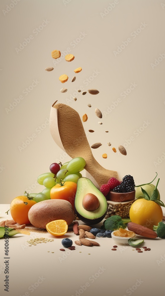 healthy fruits and vegetables on pastel colors, food background, healthy food concept. vertical photo. generative ai healthy fruits and vegetables on pastel colors, food background, healthy food concept. vertical photo. generative ai