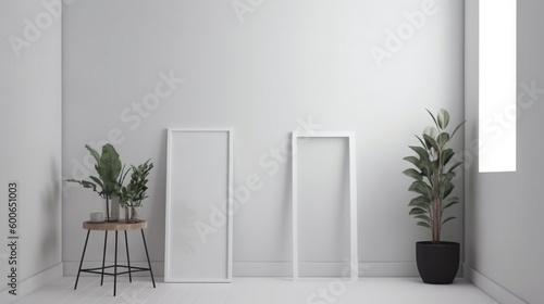  a white room with three planters and a table with a potted plant. generative ai