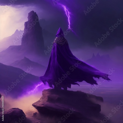 A cloaked figure with a sword stands atop a craggy cliff, overlooking a vast, empty desert