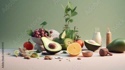 healthy fruits and vegetables on pastel colors, food background, healthy food concept. generative ai
