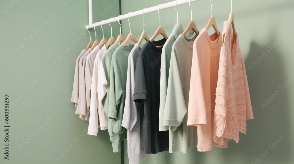  a rack of clothes hanging on a wall next to a green wall.  generative ai